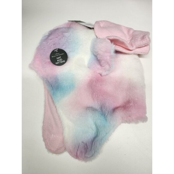 NWT 12-24 mo Hat & Mitten Set, Fluffy Fuzzy Rainbow Laura Ashley New - Picture 2 of 12